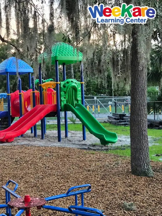 Two slide structures on the playground under live oaks