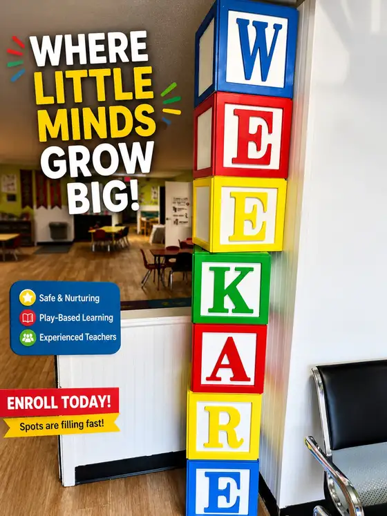 A sign reading Where little minds grow big, beside a column of WEE KARE letter blocks